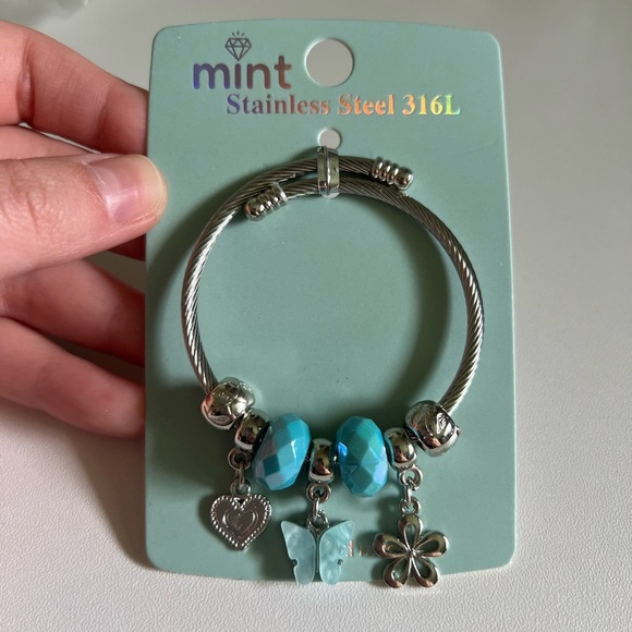 Mint Stainless Steel Silver Charm Bracelet with Turquoise Beads - Picture 2 of 3